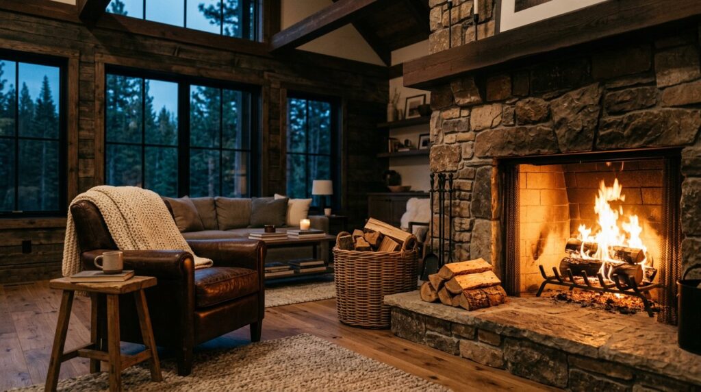 Crackling fireplace with stacked seasoned firewood in a cozy cabin