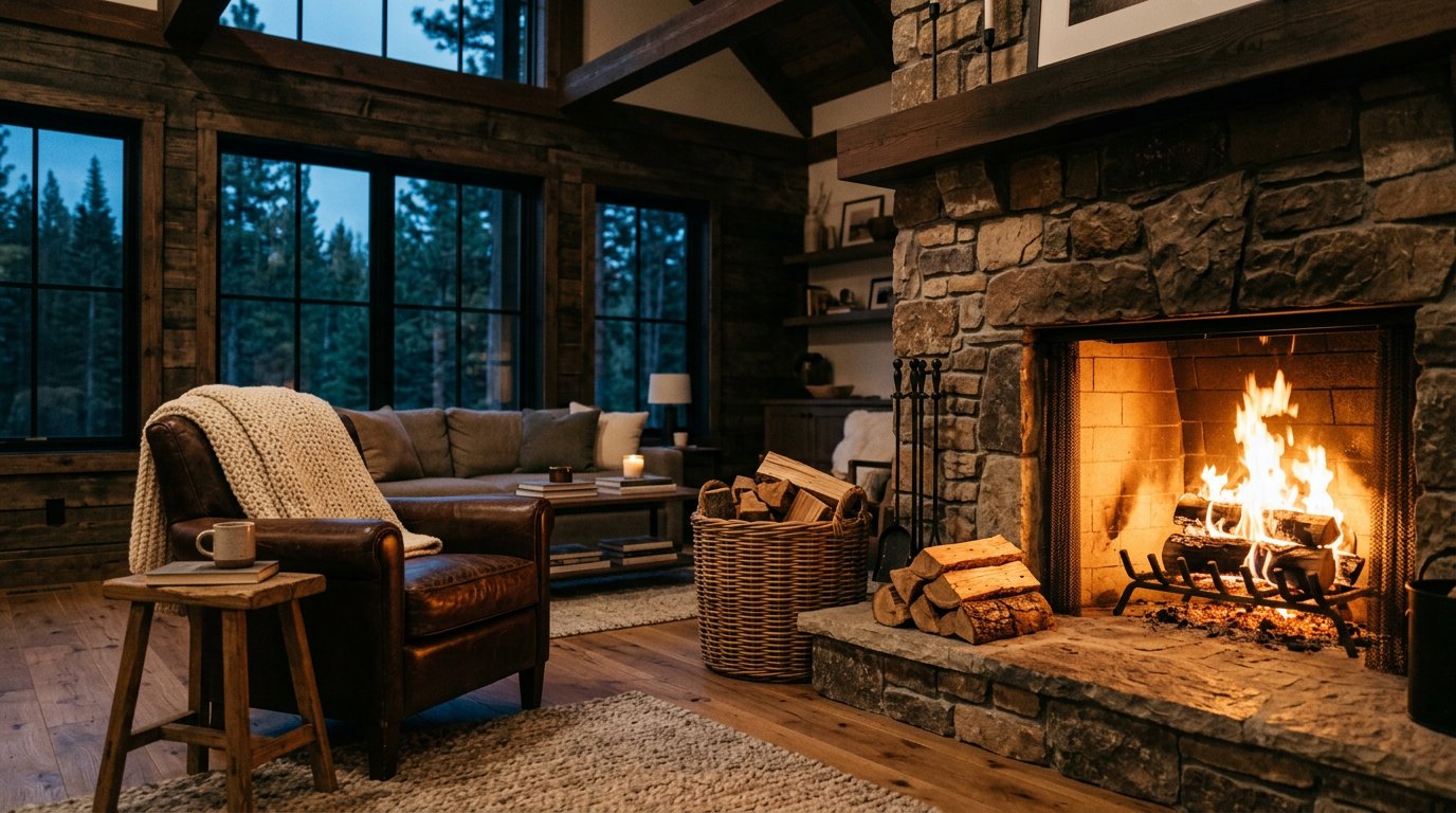 Warm fireplace burning Ember Peak seasoned firewood in a cozy cabin