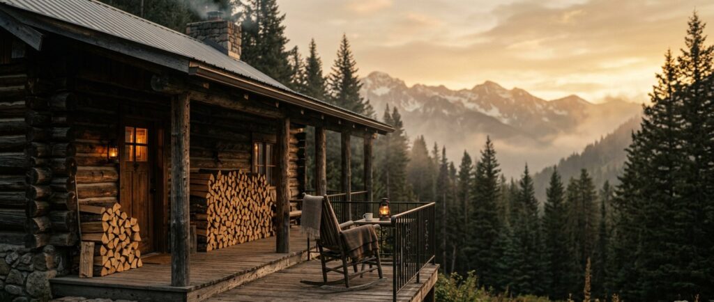 Stacked firewood on a mountain lodge porch at golden hour