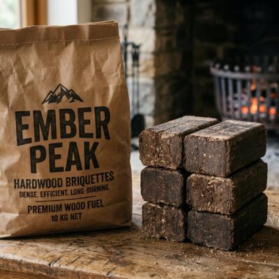 Kraft bag of hardwood briquettes printed Ember Peak Hardwood Briquettes