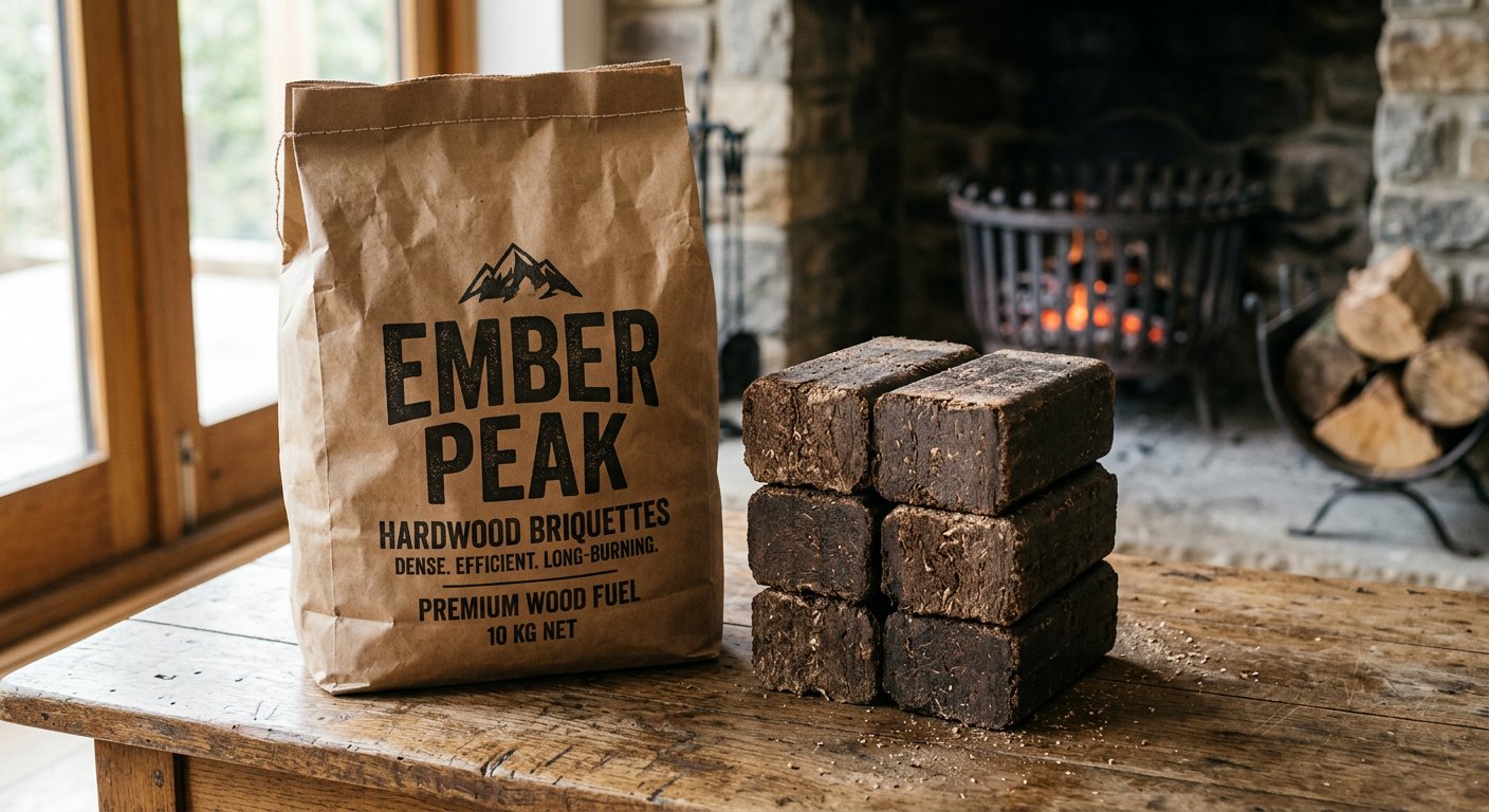 Kraft bag of hardwood briquettes printed Ember Peak Hardwood Briquettes