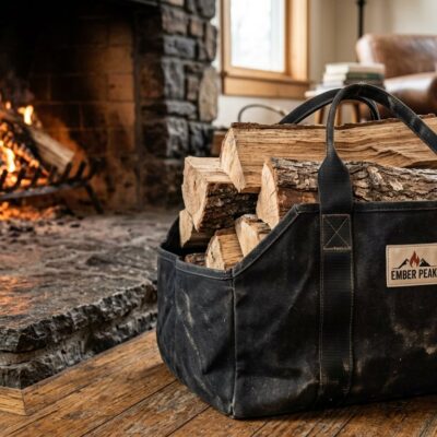 Black canvas firewood sling tote with Ember Peak label