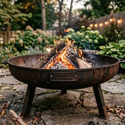Ember Peak cast iron fire pit with rim nameplate at dusk