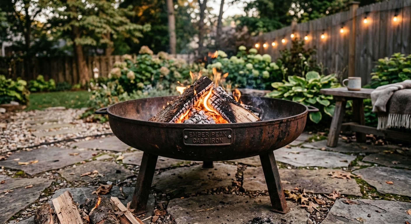 Ember Peak cast iron fire pit with rim nameplate at dusk