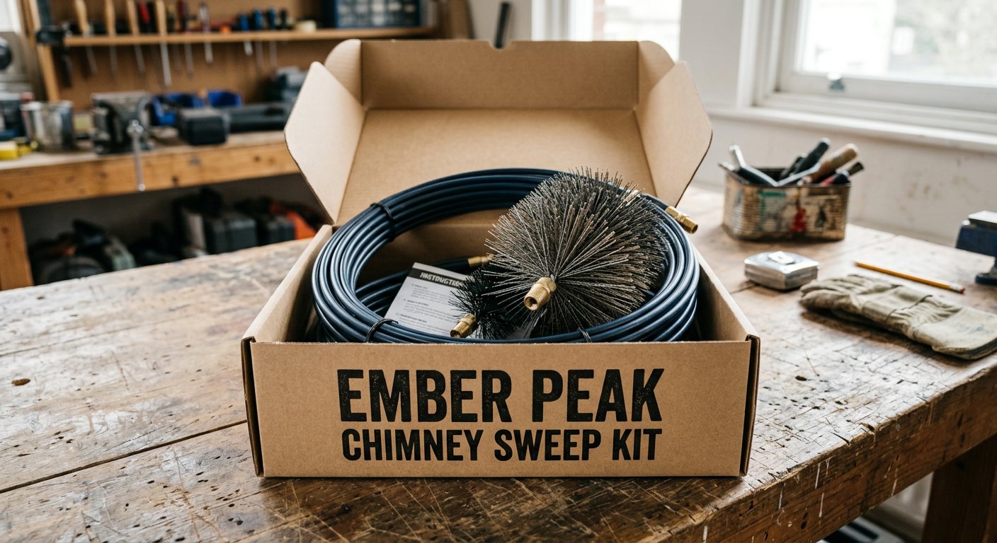 Chimney sweep brush and rod kit in Ember Peak box