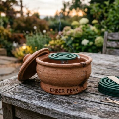 Terracotta citronella burner with mosquito coils stamped Ember Peak