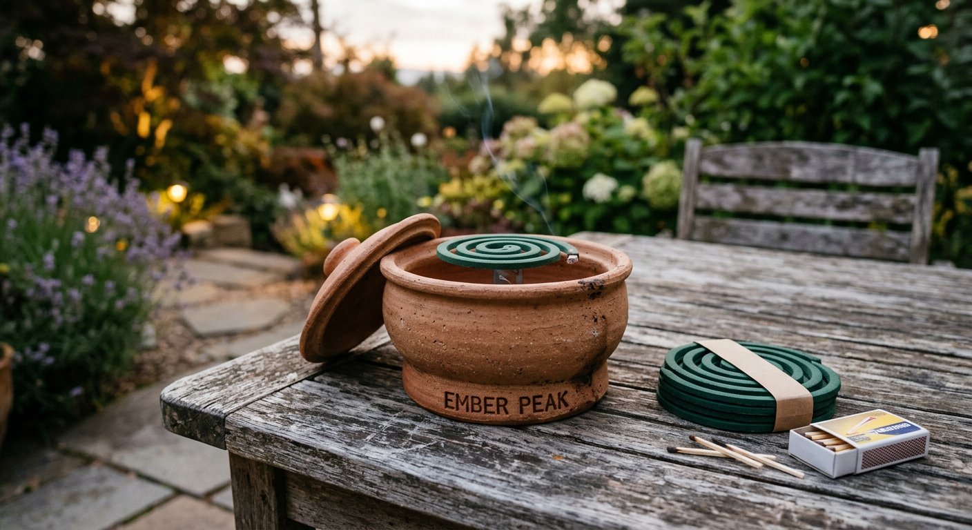 Terracotta citronella burner with mosquito coils stamped Ember Peak