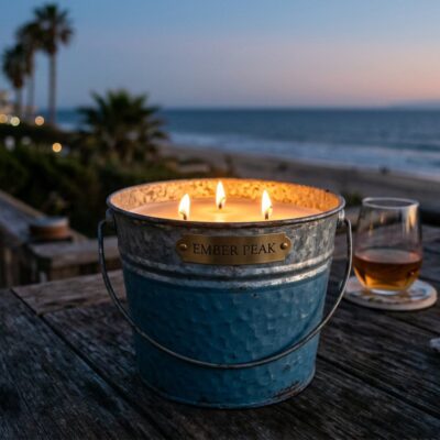 Beach blue citronella bucket candle with Ember Peak plaque