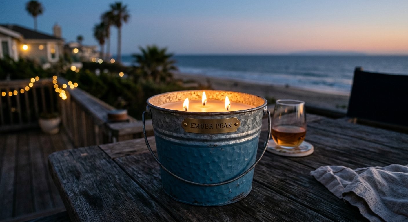 Beach blue citronella bucket candle with Ember Peak plaque