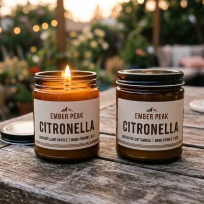Amber glass citronella jar candles labelled Ember Peak