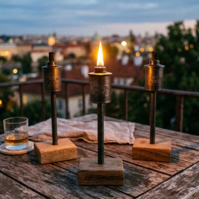 Citronella table-top flares in metal stakes stamped Ember Peak
