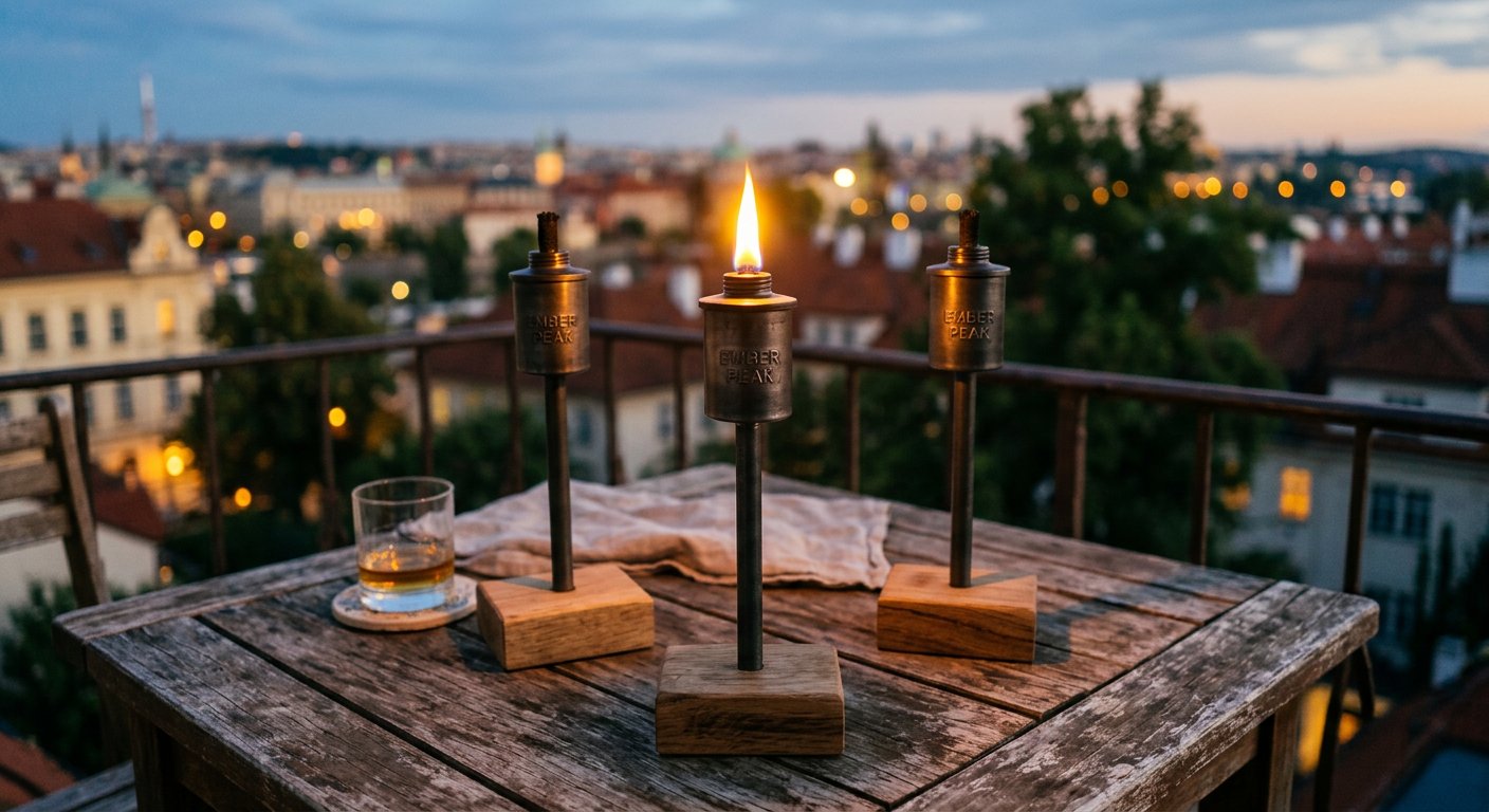 Citronella table-top flares in metal stakes stamped Ember Peak