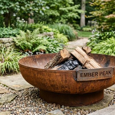 Ember Peak corten steel fire bowl with welded rim plate