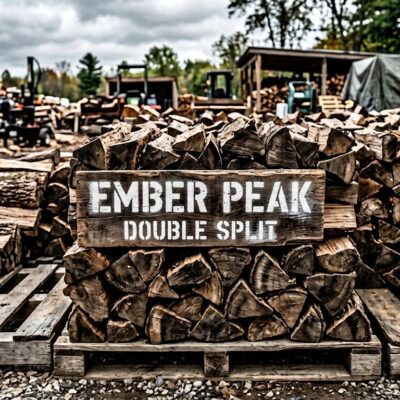 Double split ironbark firewood stenciled Ember Peak Double Split
