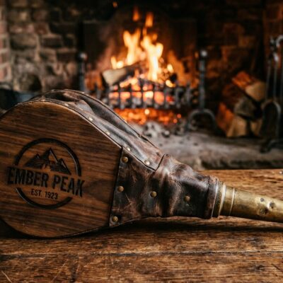 Wood and leather fire bellows with branded Ember Peak face
