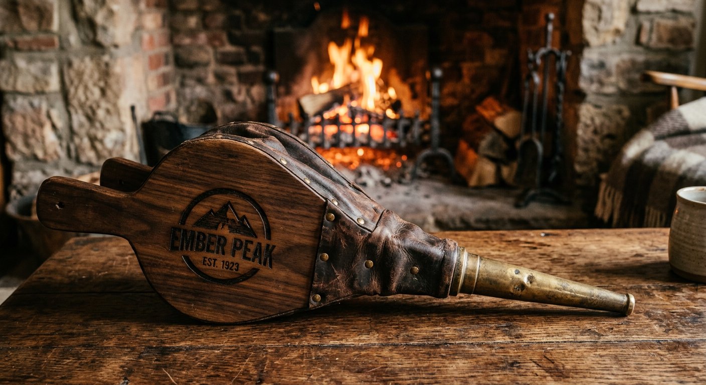 Wood and leather fire bellows with branded Ember Peak face