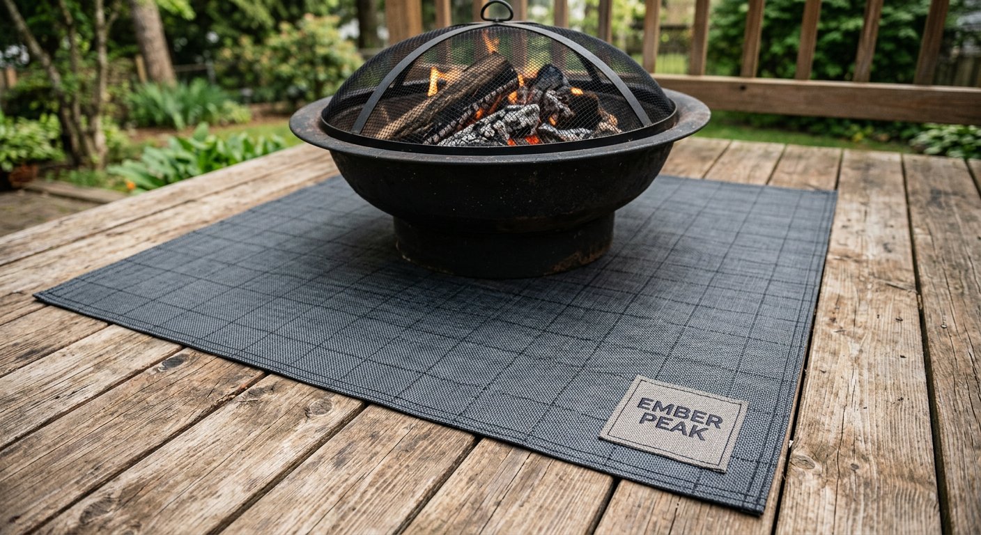 Ember Peak fire-resistant deck protector mat with woven label