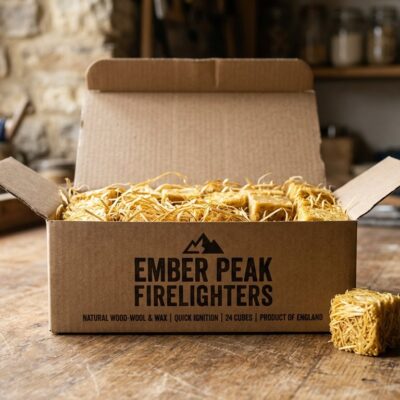 Kraft box of wood wool firelighters printed Ember Peak Firelighters