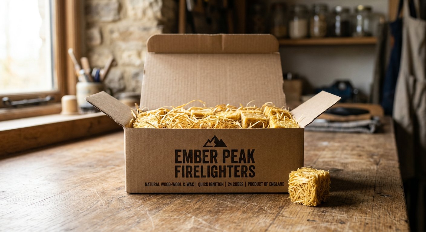 Kraft box of wood wool firelighters printed Ember Peak Firelighters