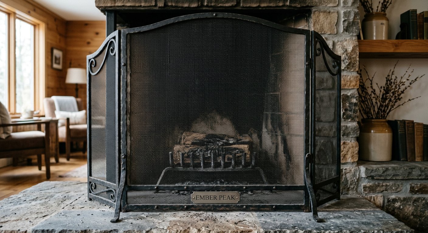 Black steel mesh fireplace screen with Ember Peak base plate