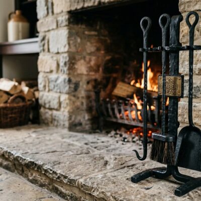 Black steel three-piece fireplace tool set with Ember Peak stand plaque