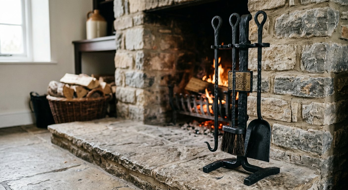 Black steel three-piece fireplace tool set with Ember Peak stand plaque