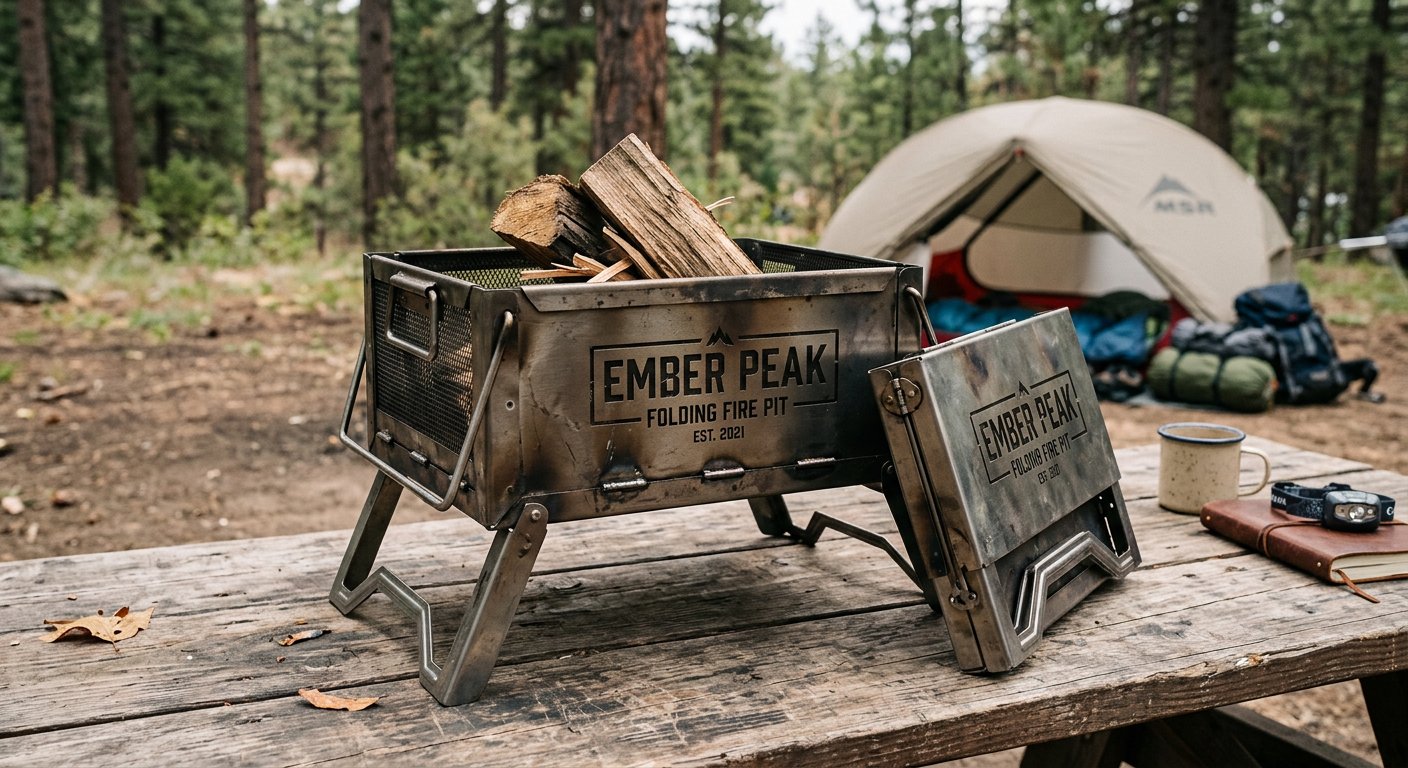 Ember Peak folding portable fire pit with stamped brand at a campsite