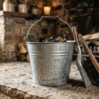 Galvanised fire bucket with shovel and brush embossed Ember Peak