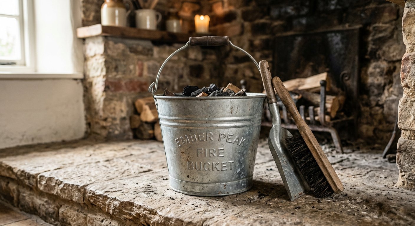 Galvanised fire bucket with shovel and brush embossed Ember Peak