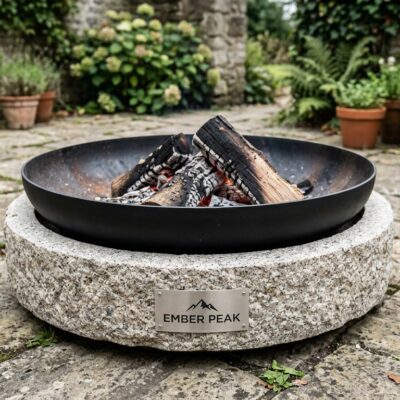 Ember Peak round granito fire pit with brushed badge