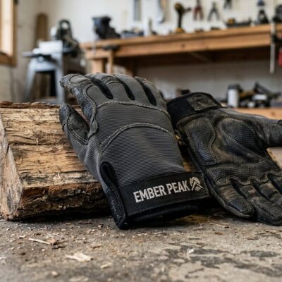 Heavy-duty gripper gloves with Ember Peak printed wrist strap