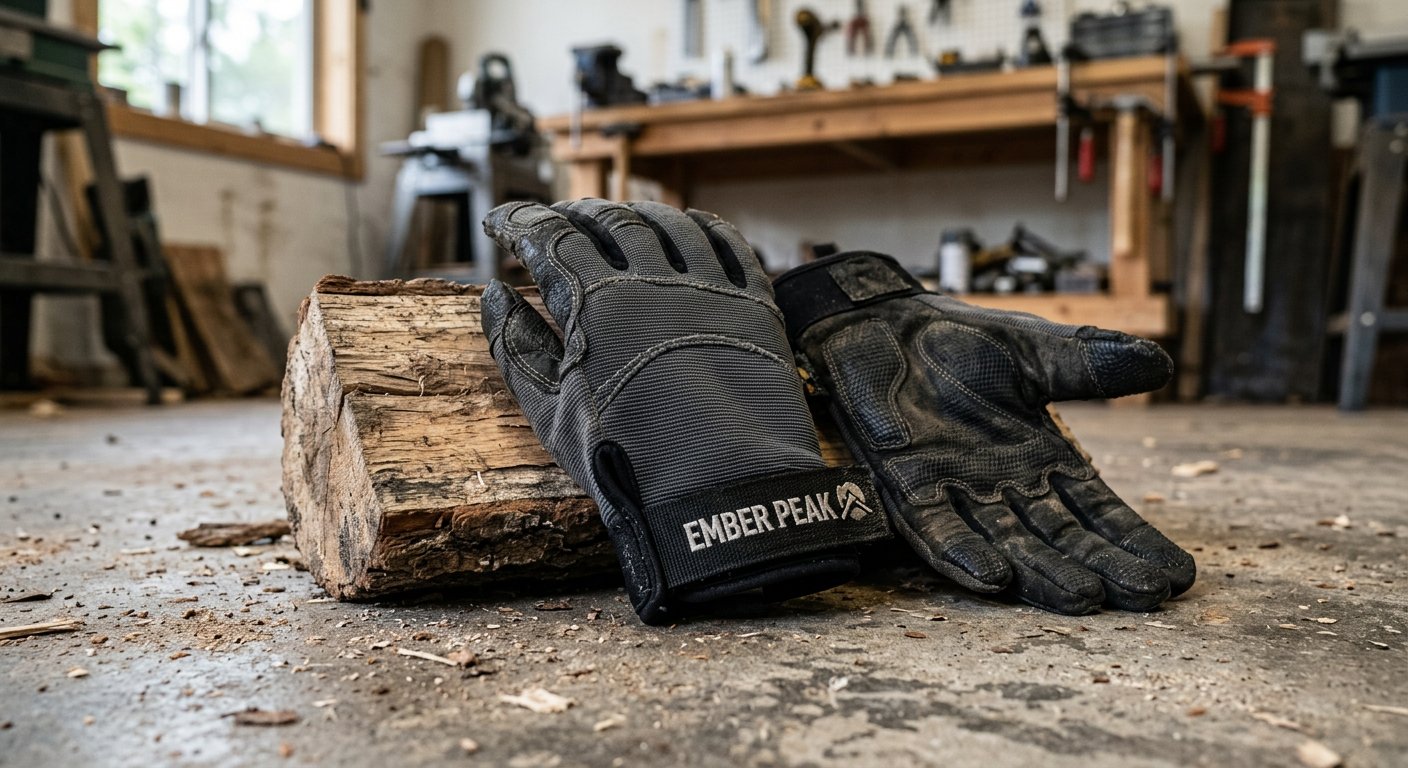 Heavy-duty gripper gloves with Ember Peak printed wrist strap