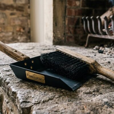 Hearth brush and pan set with Ember Peak badge