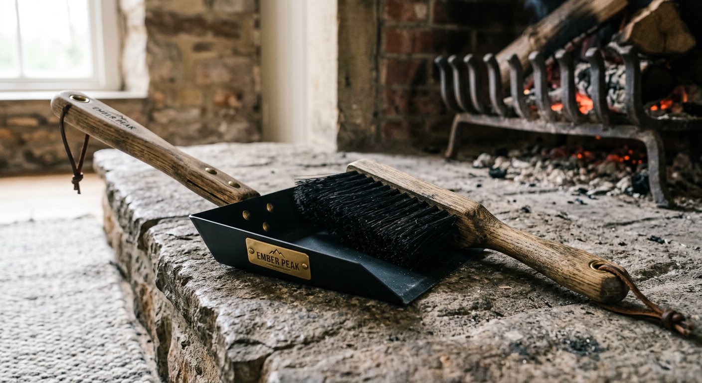 Hearth brush and pan set with Ember Peak badge