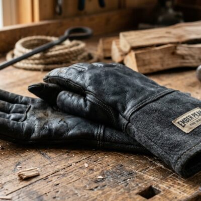 Premium leather fireplace gloves with Ember Peak cuff label