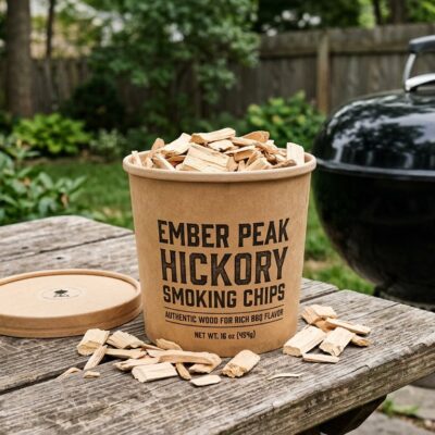 Tub of Ember Peak hickory smoking chips beside a kettle grill