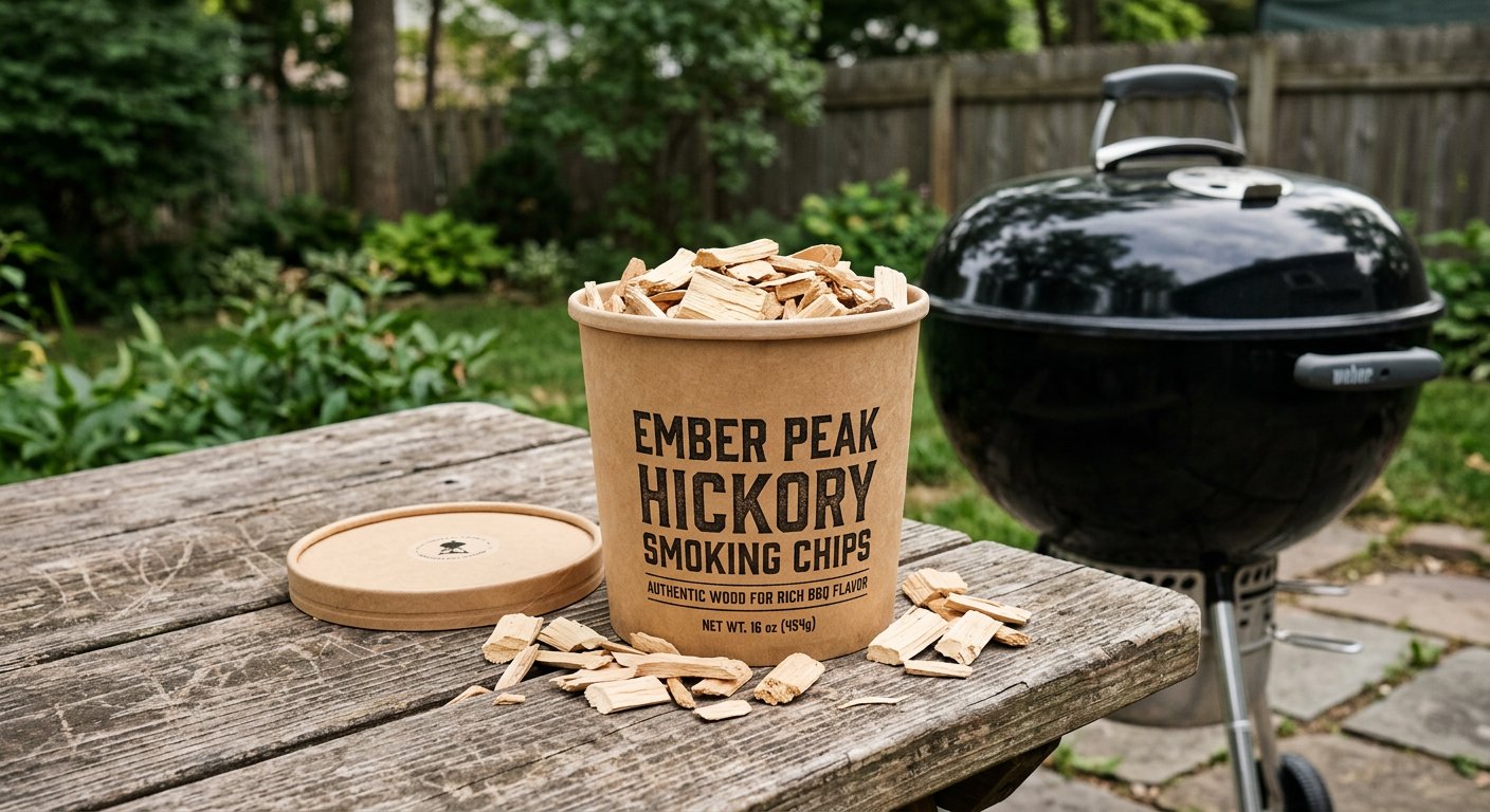 Tub of Ember Peak hickory smoking chips beside a kettle grill