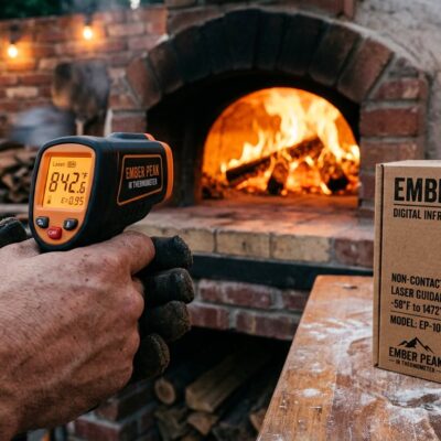 Ember Peak digital infrared thermometer beside a pizza oven