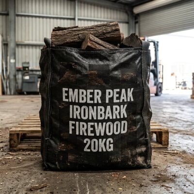 Woven firewood bag printed Ember Peak Ironbark Firewood 20kg