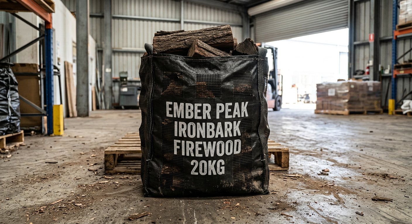 Woven firewood bag printed Ember Peak Ironbark Firewood 20kg
