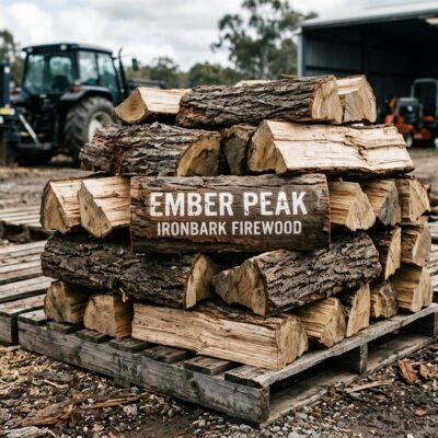 Premium split ironbark firewood stack stenciled Ember Peak Ironbark Firewood