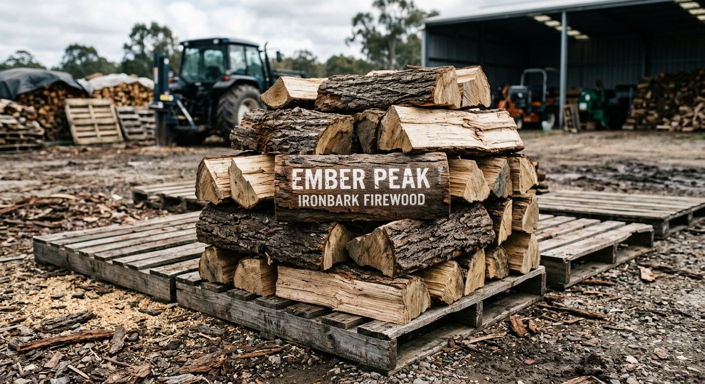 Premium split ironbark firewood stack stenciled Ember Peak Ironbark Firewood