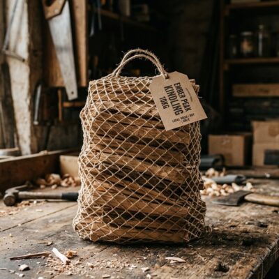 Net bag of dry kindling with printed Ember Peak Kindling 10kg tag