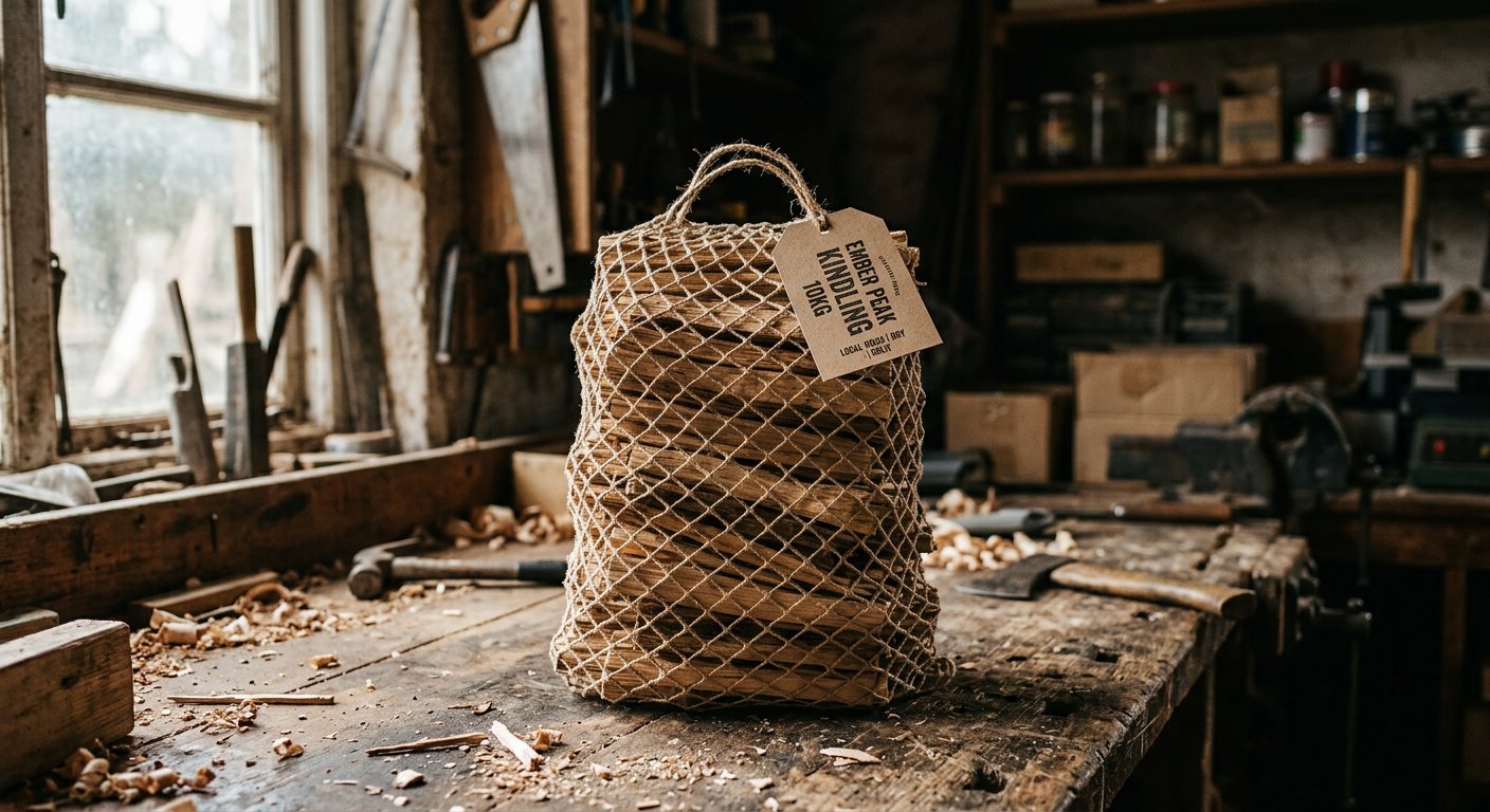 Net bag of dry kindling with printed Ember Peak Kindling 10kg tag
