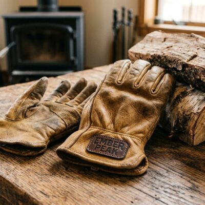 Tan leather work gloves with embossed Ember Peak patch beside split logs