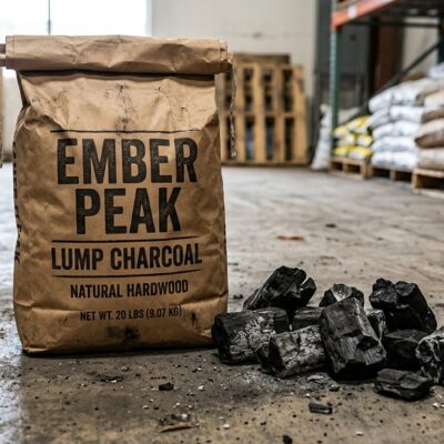 Kraft sack of lump hardwood charcoal printed Ember Peak Lump Charcoal