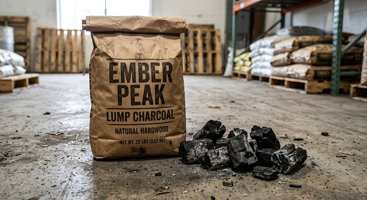 Kraft sack of lump hardwood charcoal printed Ember Peak Lump Charcoal