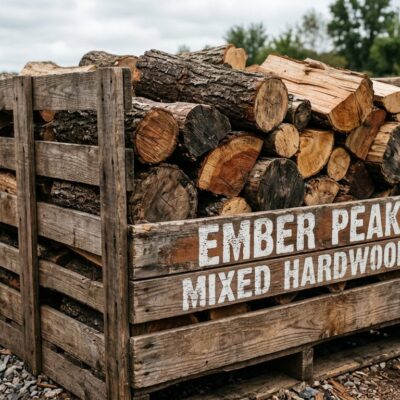Mixed seasoned hardwood firewood crate stenciled Ember Peak Mixed Hardwood