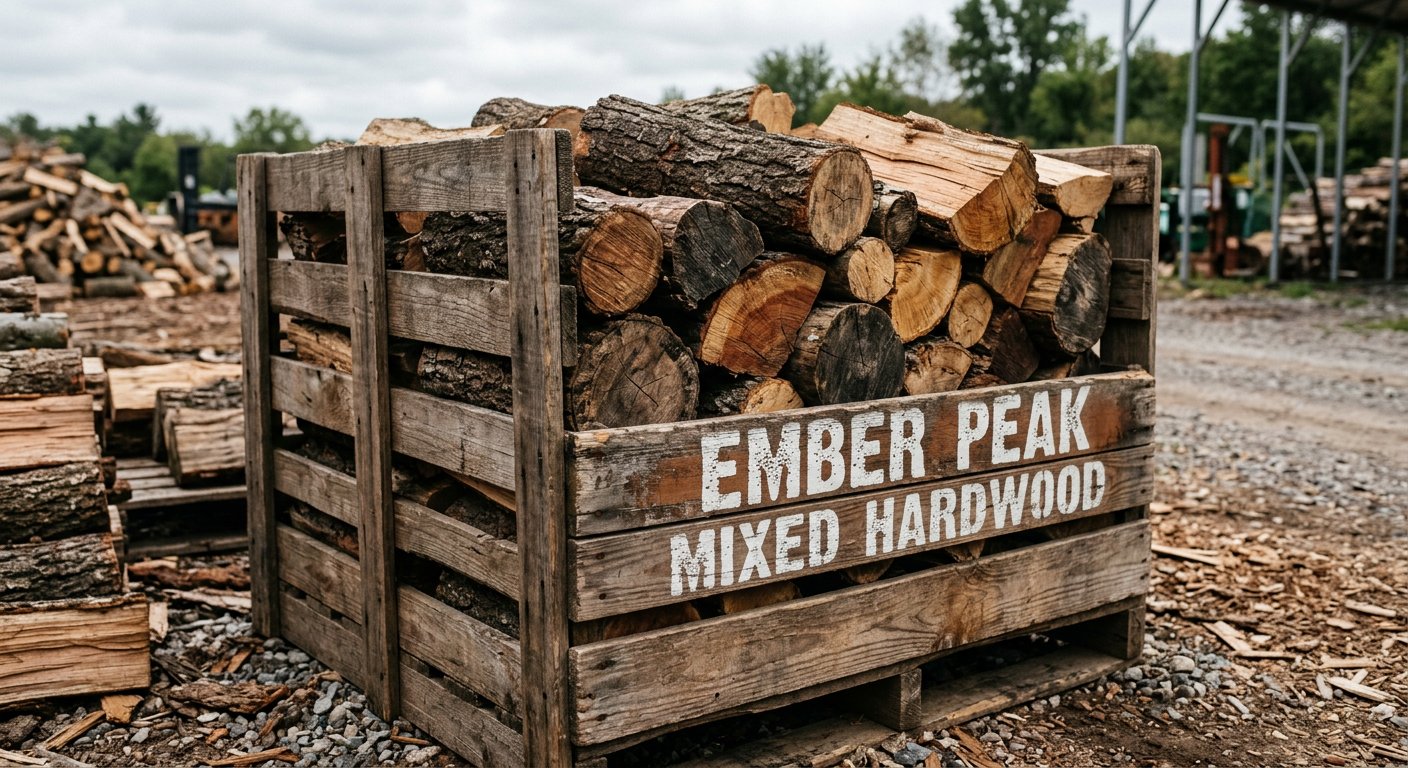 Mixed seasoned hardwood firewood crate stenciled Ember Peak Mixed Hardwood