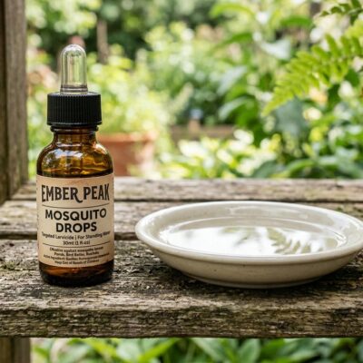 Amber dropper bottle of Ember Peak mosquito larvicide drops